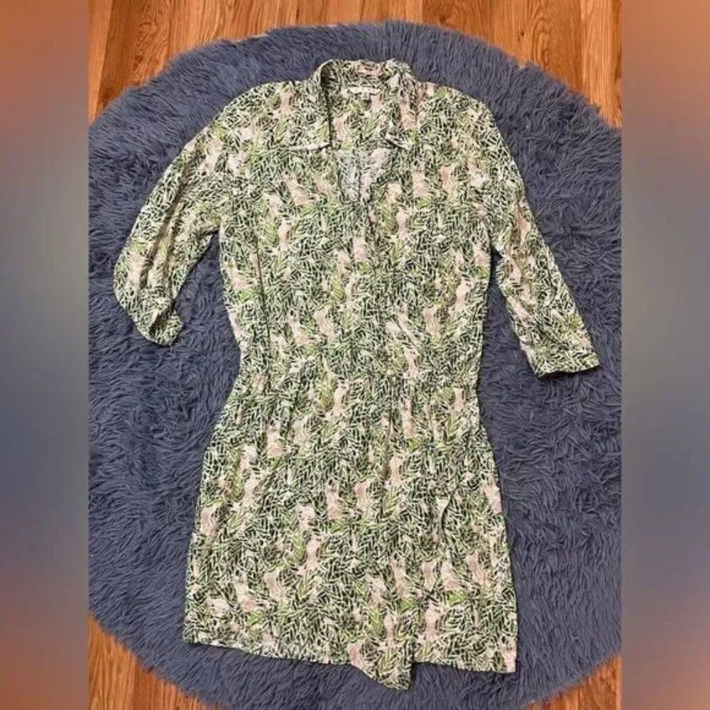 Cabi Faux Wrap Green Leaf Tropical Print V-Neck Straight Dress Size M